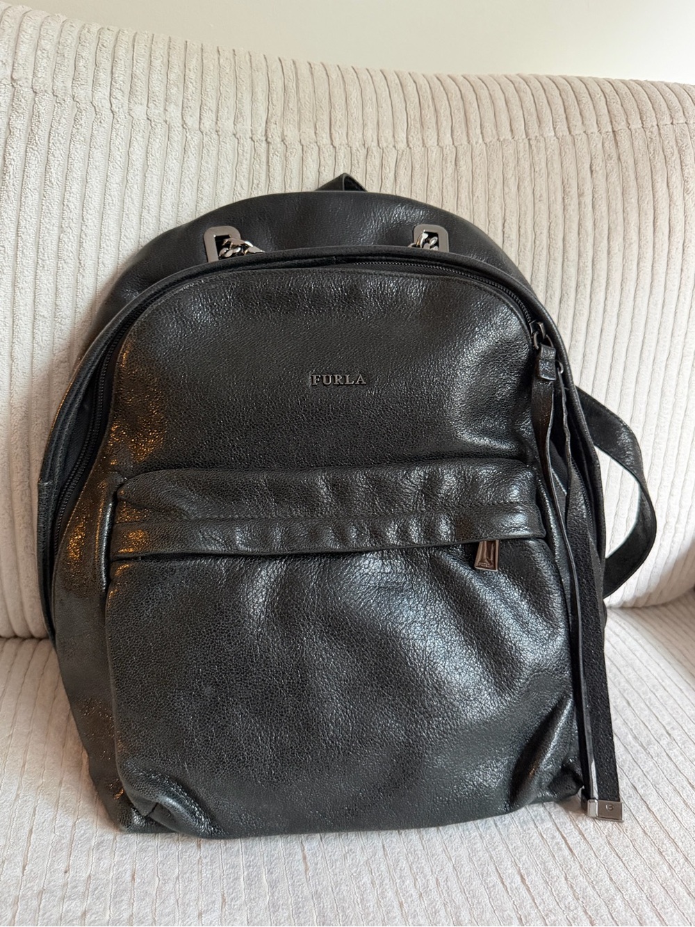 Furla Black Pebbled Leather Backpack with Front Zip Pocket